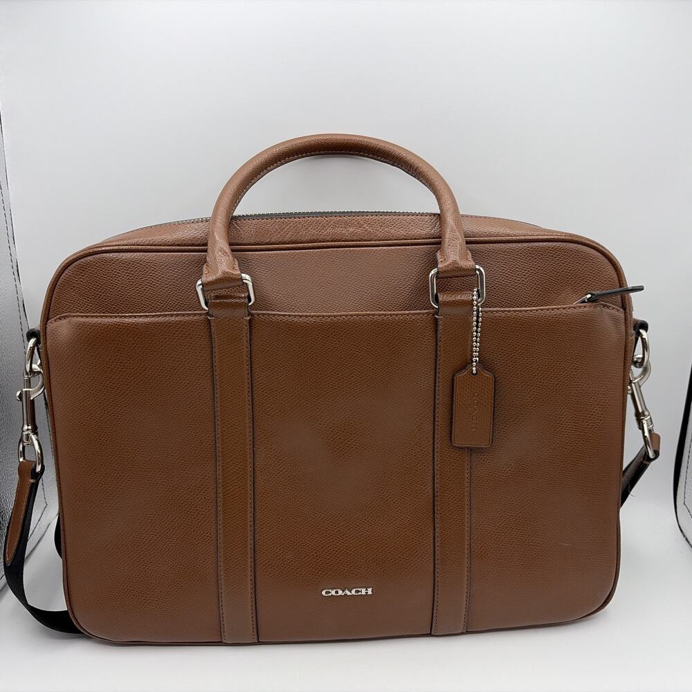 Coach Metropolitan Brown Dark Saddle Slim Briefcase Pebbled Leather Laptop Bag